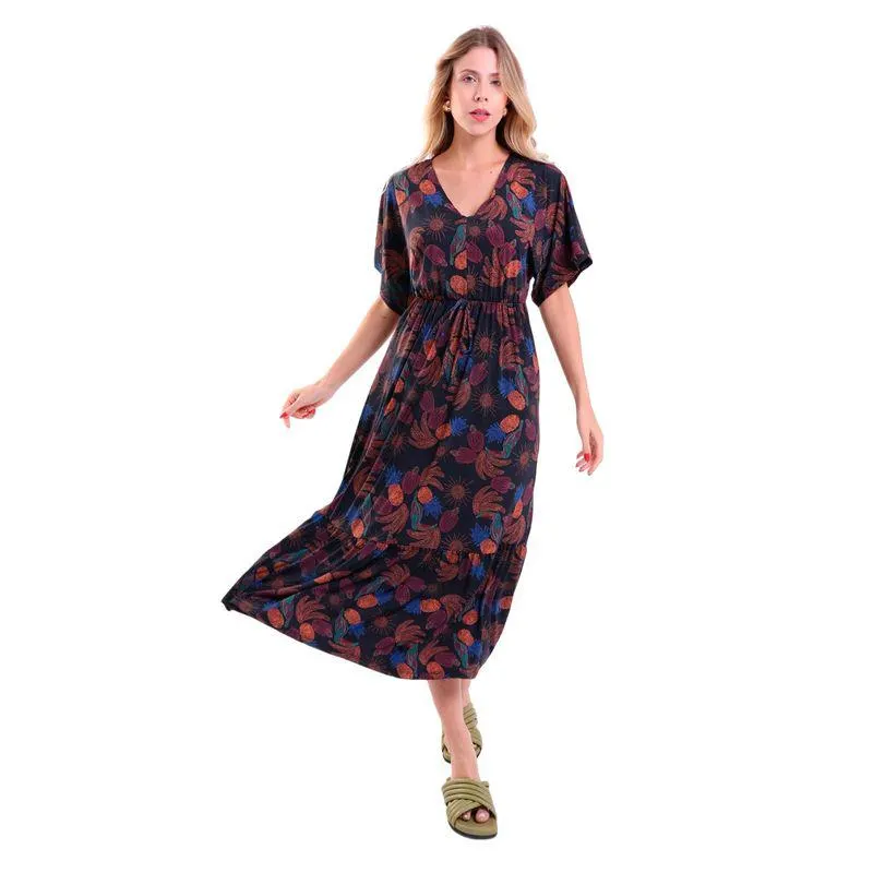 Vestido Midi Fluxy com Babado Manga Curta Caja