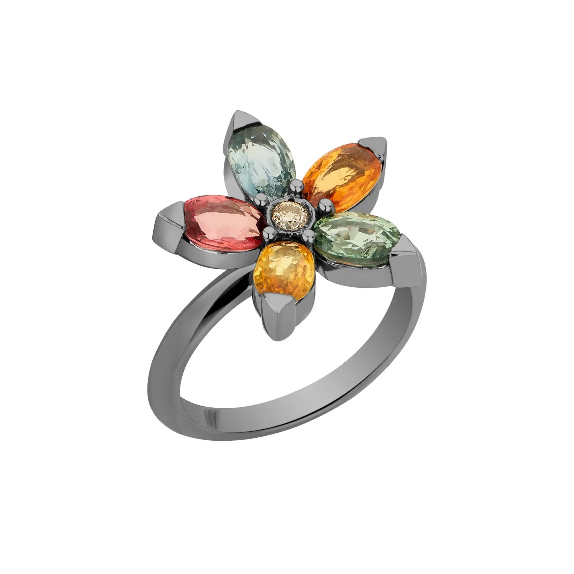 Anel Rock Star | Ouro Branco 18K com Ródio Negro, Diamante e Safiras