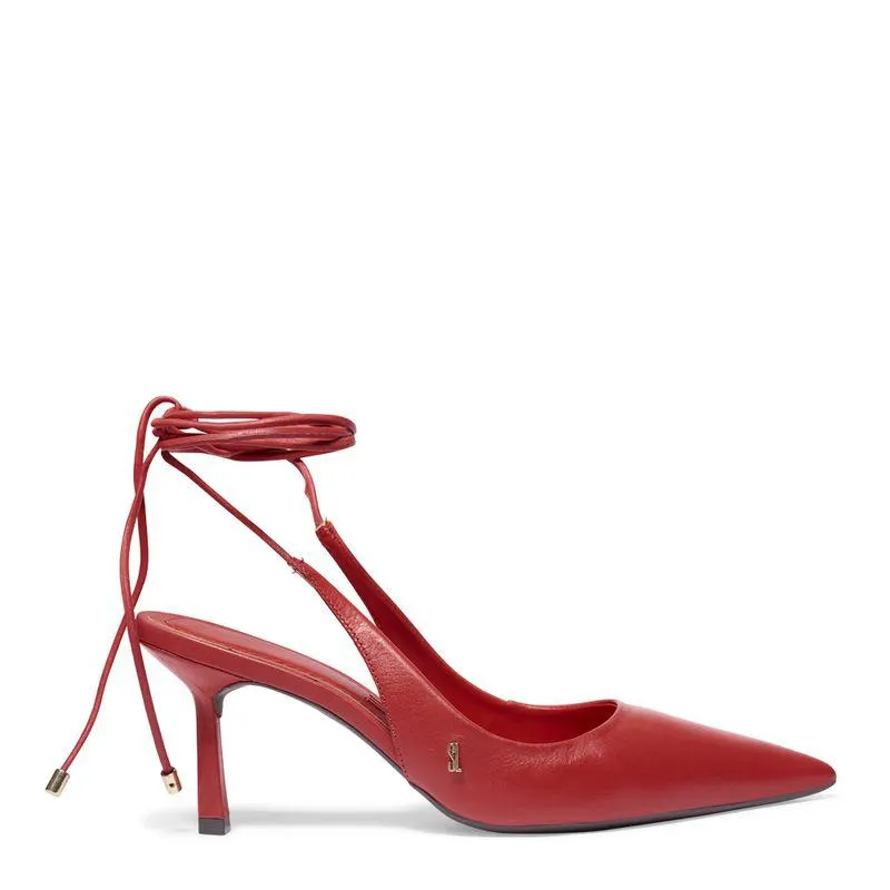 Sapato Scarpin Vermelho Couro Slingback Amarração