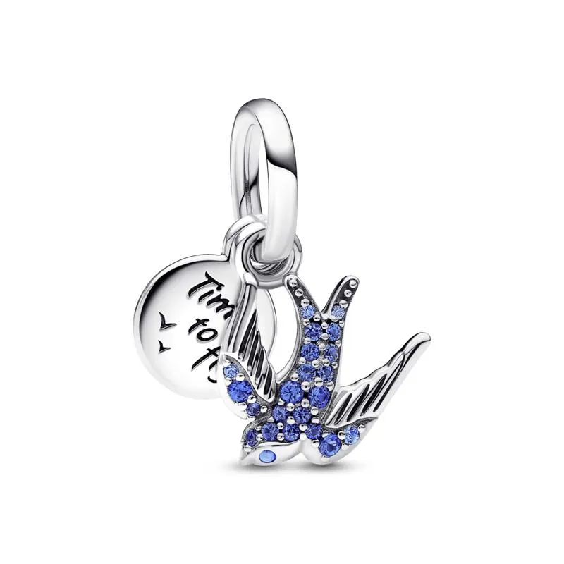 Charm Prata Pendente Andorinha Azul Brilhante