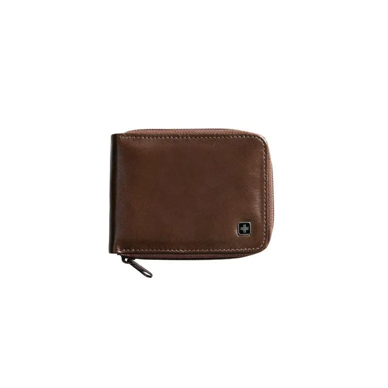 Carteira Masculina de Couro com zíper e Porta Documentos Suissewin Café