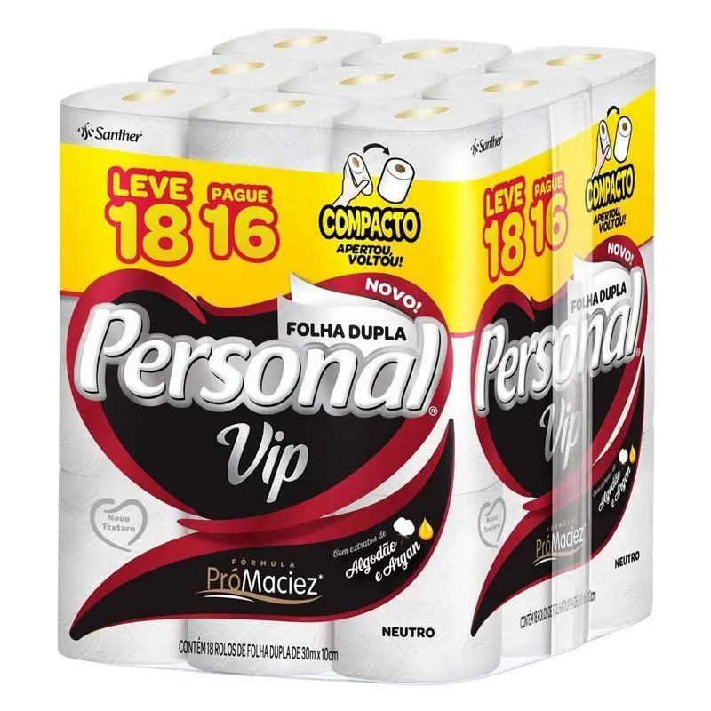 Papel Higiênico PERSONAL Vip Folha Dupla 30 Metros Leve 18 Pague 16 Unidades
