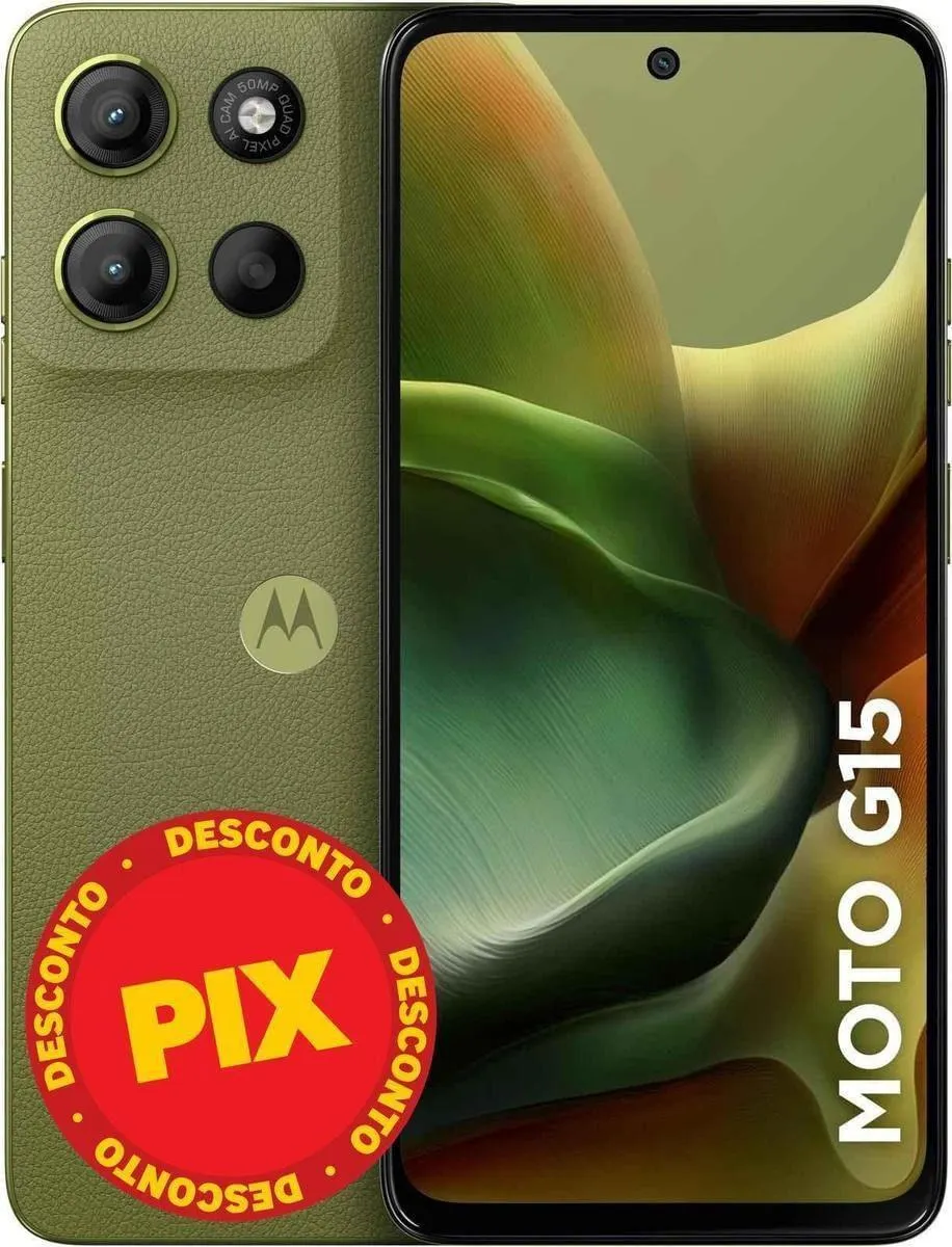Smartphone / Telefone Celular Motorola Moto G15 256GB 12GB (4GB RAM+8GBRam Boost) e Câmera 50MP com AI Bateria de 5200 MAH Tela FHD+ 6.7" NFCVerde