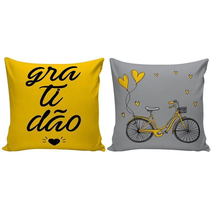Kit Capa Almofada Com 2 Peças Estampa Gratidão E Bicicleta 40x40cm - Nsw Decor