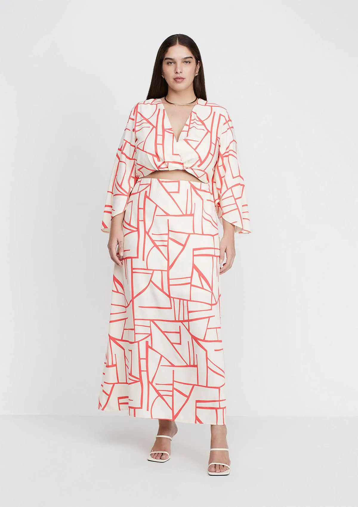 Vestido Longo Evasê Decote V Estampado - Vermelho