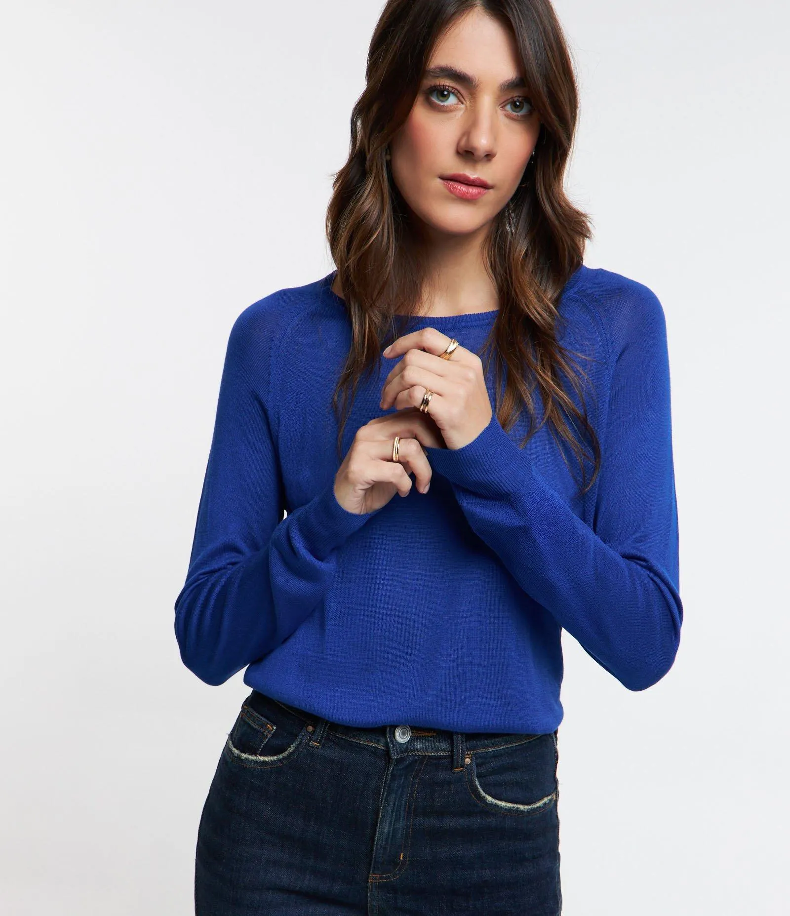 Suéter em Tricô com Gola Redonda Azul