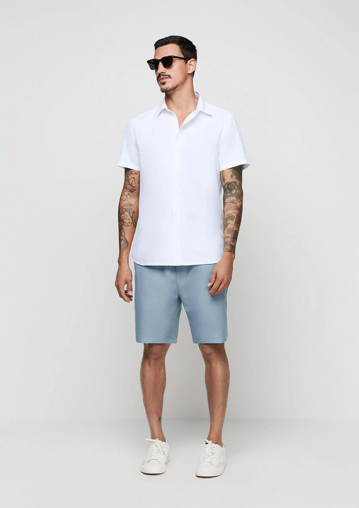 Camisa Masculina Manga Curta Com Linho - Azul