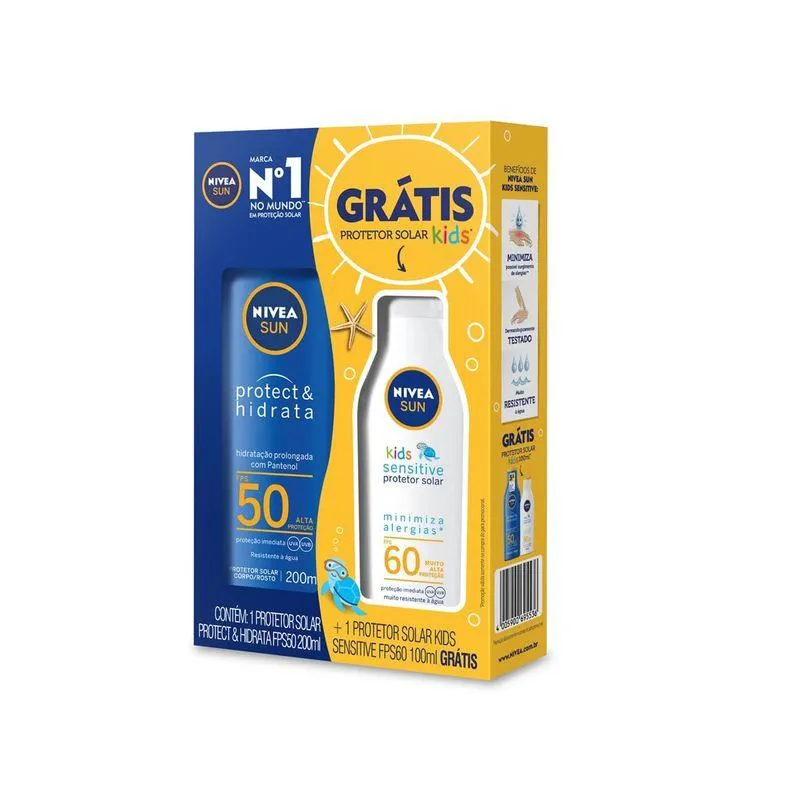 Protetor Solar Nivea Sun Protect & Hidrata Fps50 200ml Grátis Protetor Solar Nivea Sun Kids Sensitive Fps60 100ml