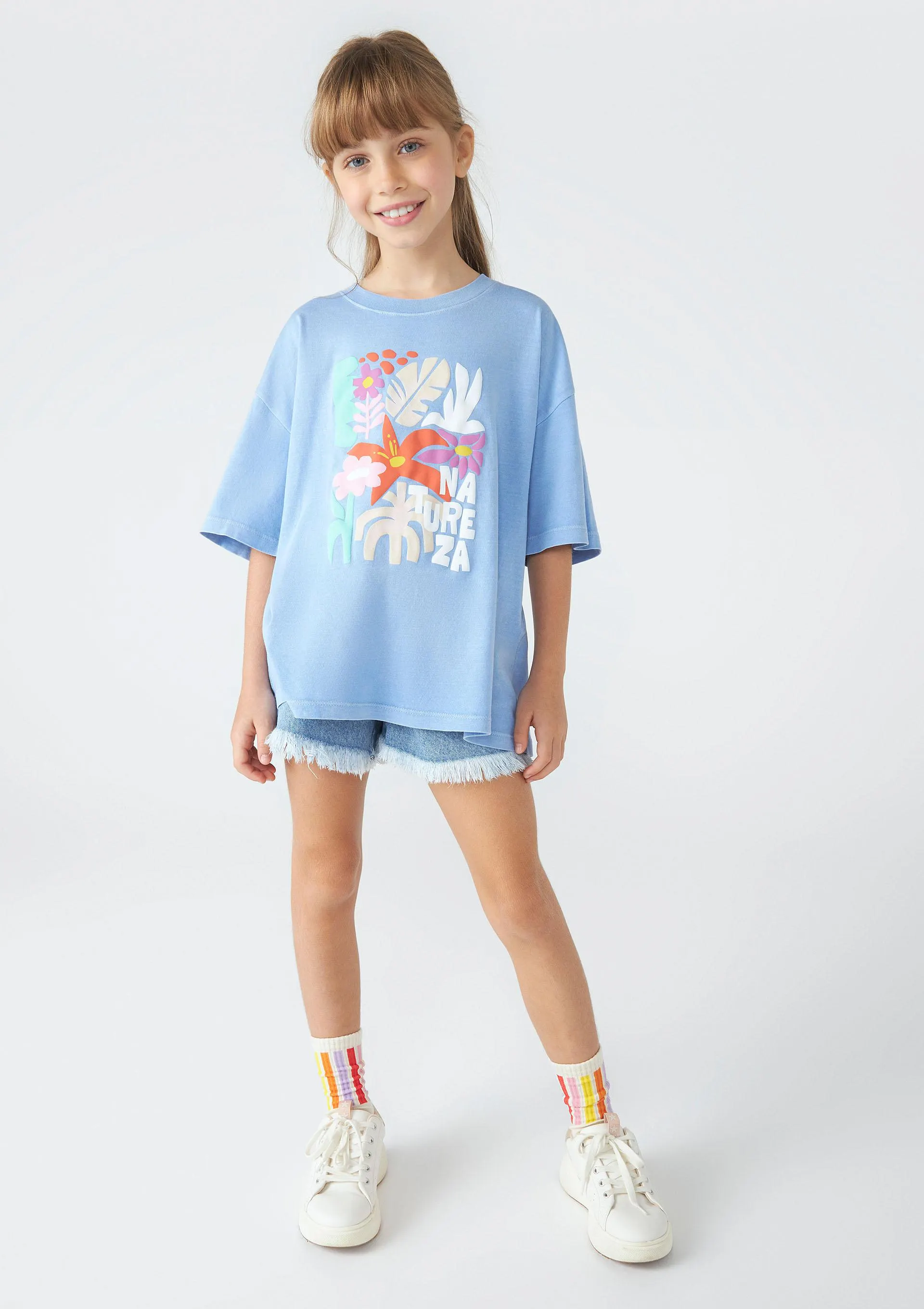 Blusa Infantil Menina Oversized Estonada Com Estampa - Azul