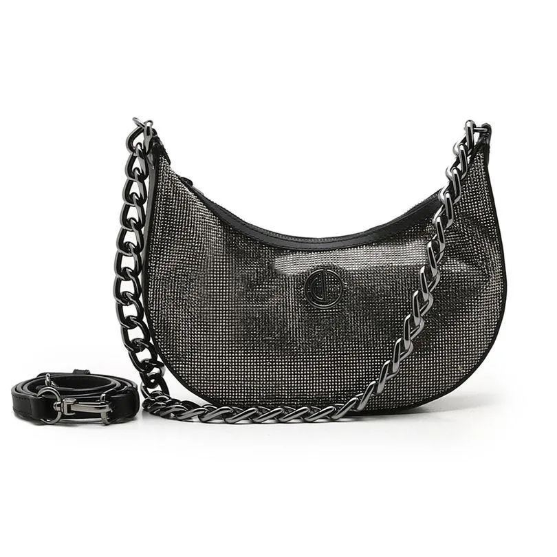 Bolsa Pequena Tiracolo Preta de Cetim Alça Corrente Shoulder Bag