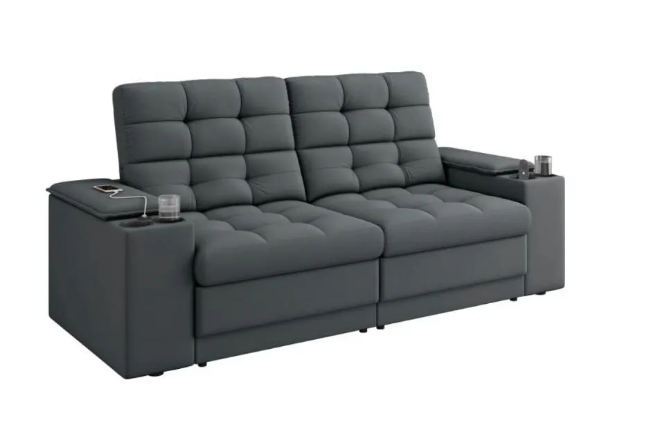 Sofá Confort Premium 2,05m Assento Retrátil/Reclinável porta copos e USB Suede Cinza - XFlex Sofas