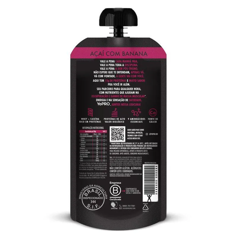 Iogurte Desnatado Yopro Açaí e Banana Zero Lactose Squeeze 160g