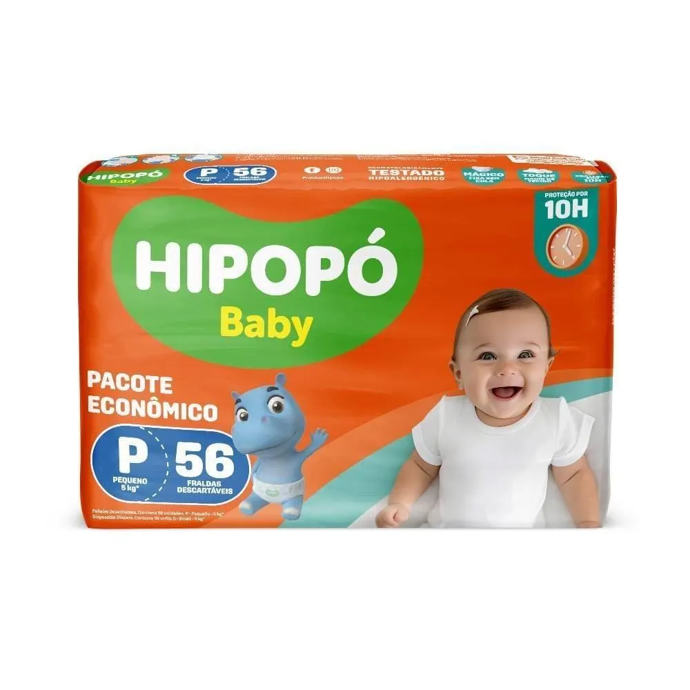 Fraldas Descartáveis Pacote Econômico P Hipopó Baby - 56 unidades