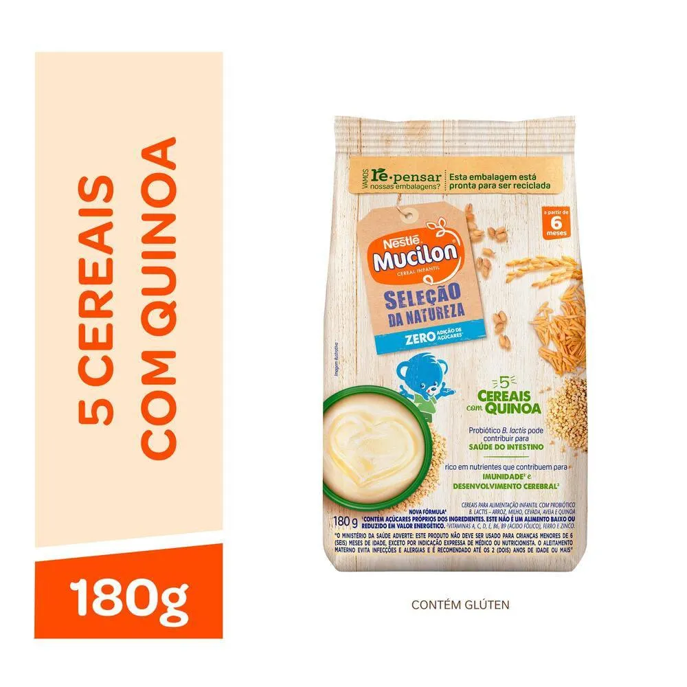 Cereal Infantil Mucilon 5 Cereais Arroz, Milho, Cevada, Aveia e Quinoas/ Açúcar Pacote 180g