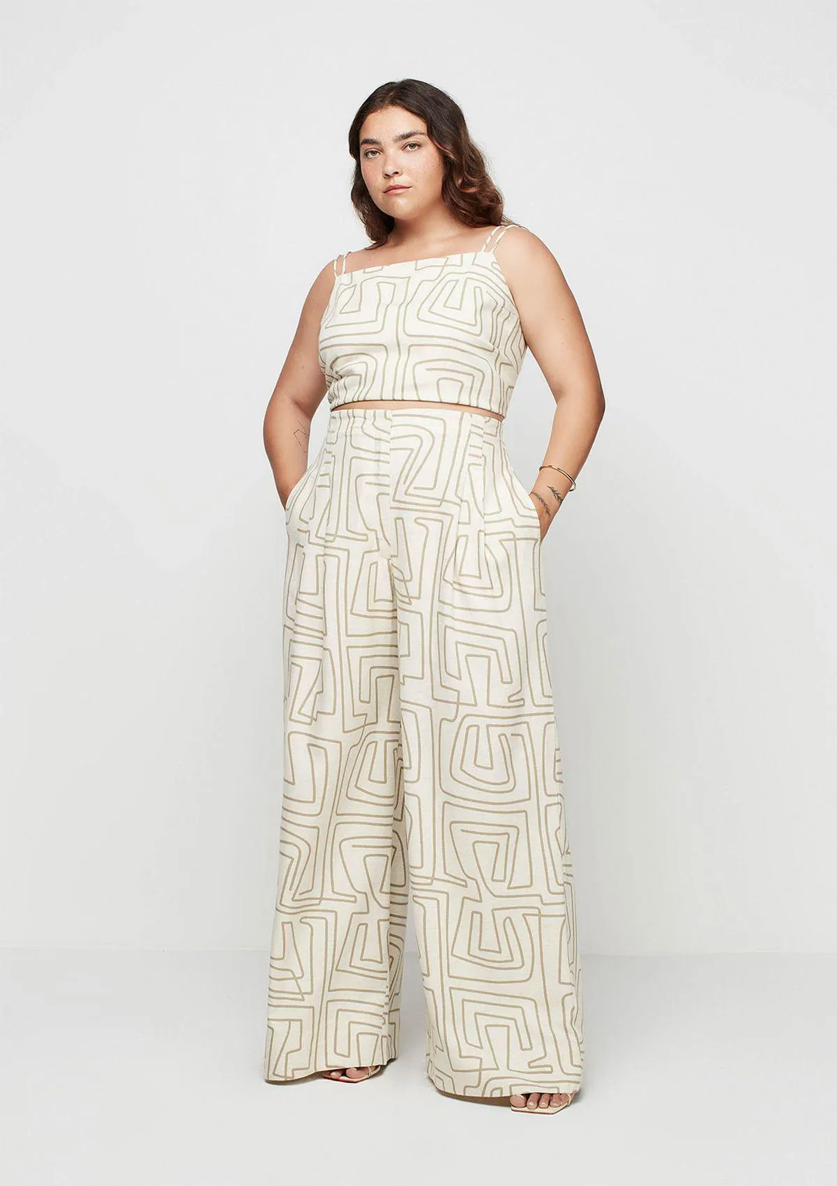 Calça Pantalona Cintura Alta Em Viscose - Bege