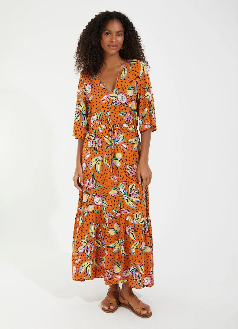 Vestido midi decote v estampado pitaya laranja