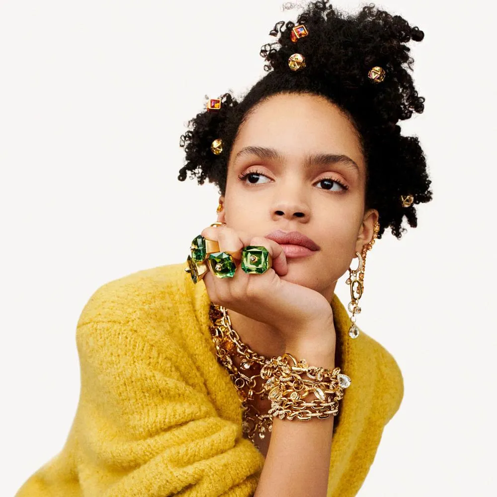 Anel Numina, Cristal de lapidação octogonal , Verde, Banhado a dourado