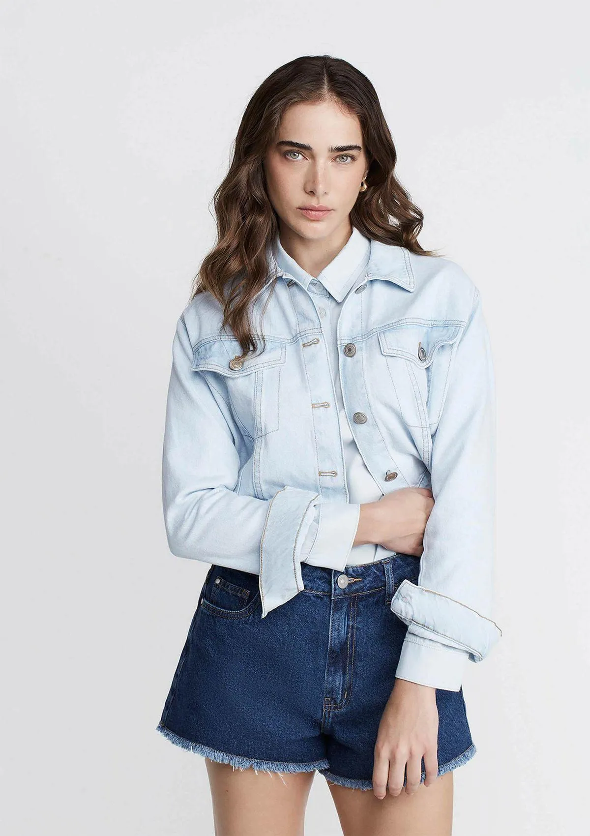 Jaqueta Jeans Trucker Manga Longa - Azul