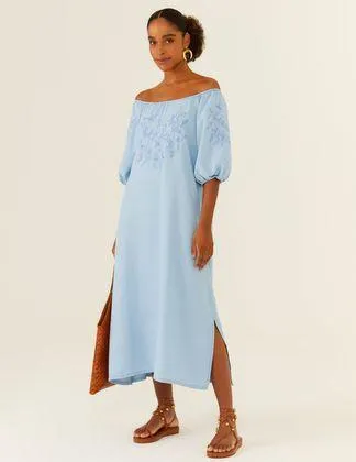 Vestido Jeans Ombro a Ombro Bordado