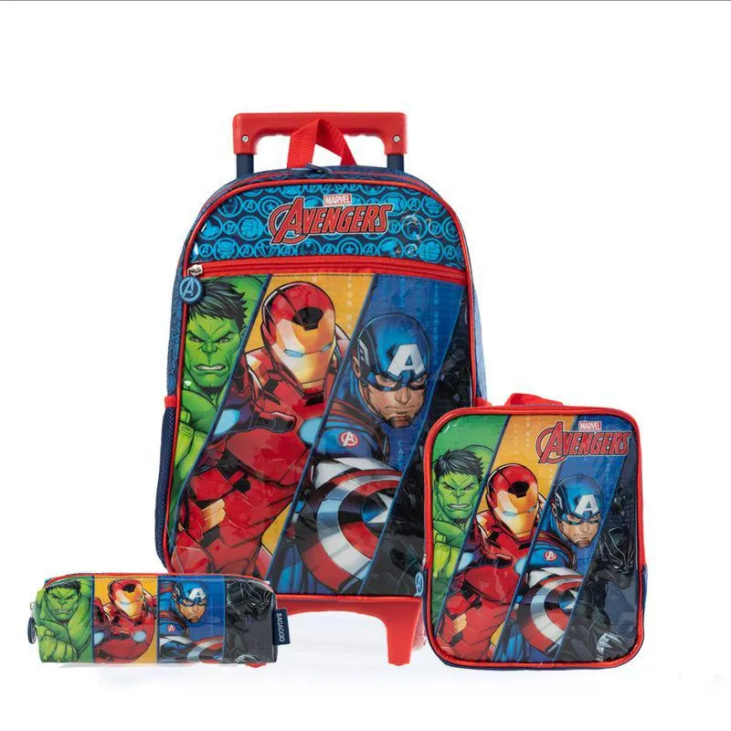 Kit Mochila Escolar Masculina de Rodinhas Vingadores com Lancheira e Estojo Azul