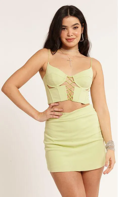 Cropped Corselet Malha Estruturada Detalhe Macramê - Verde Lima