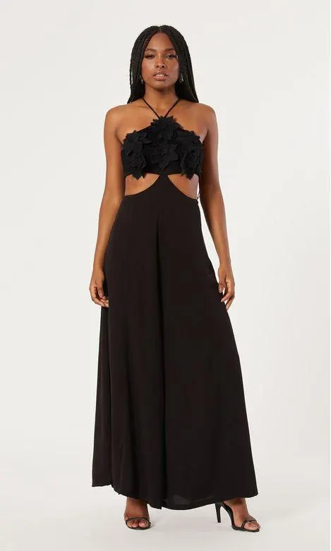 Macacão Longo Bordado Flores - Preto