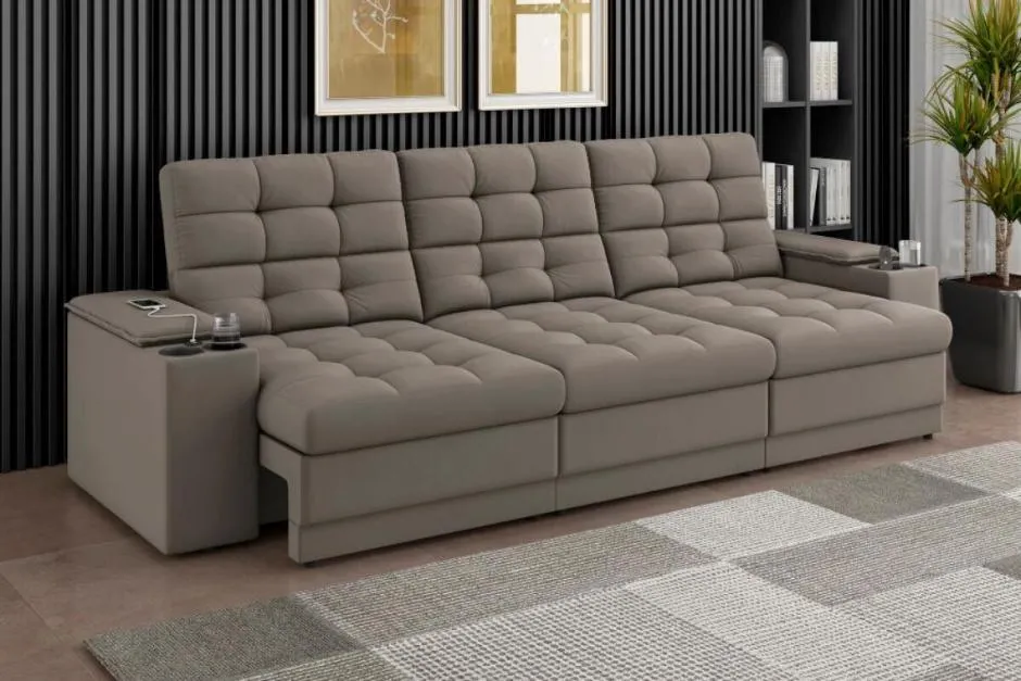 Sofá Confort Premium 2,30m Assento Retrátil/Reclinável porta copos e USB Suede Capuccino - XFlex Sofas