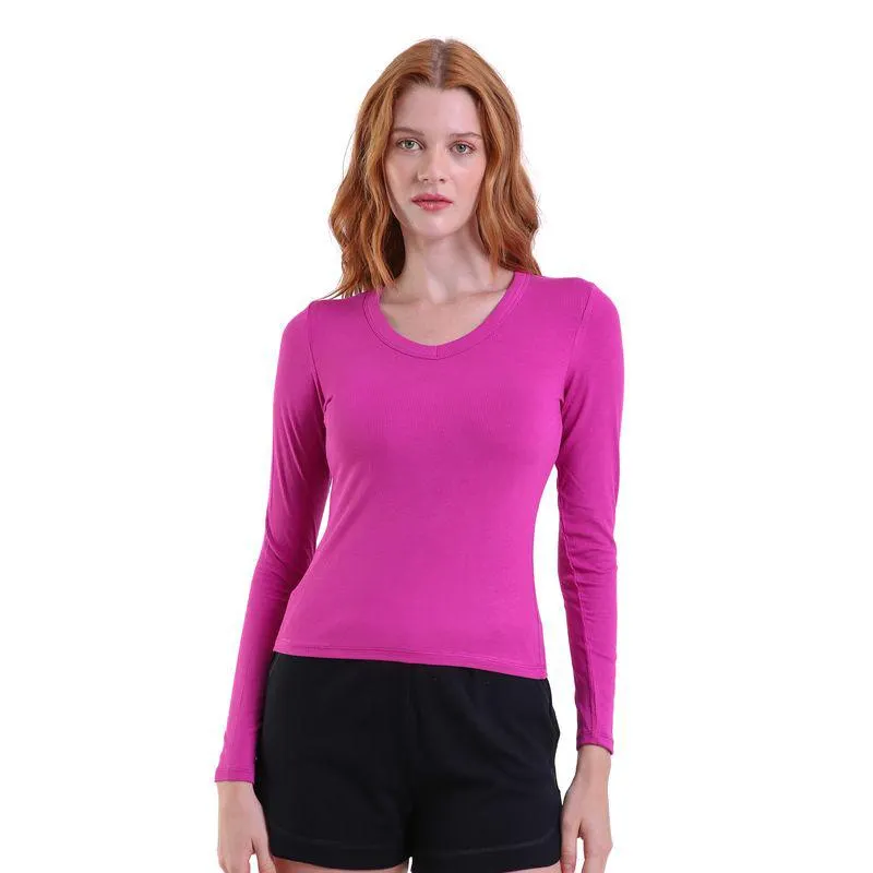 Blusa Manga Longa Decote U Canelada Trendz Fucsia