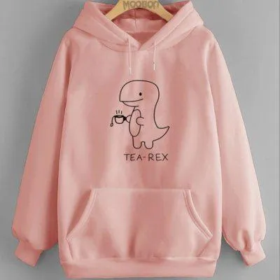 Blusão Moletom Algodão Moleton Casaco Fechado Feminino Blusa de Frio Mooboo Canguru rosa claro bebe Capuz e Bolso Canguru estampa tea rex dinossauro cafe cha