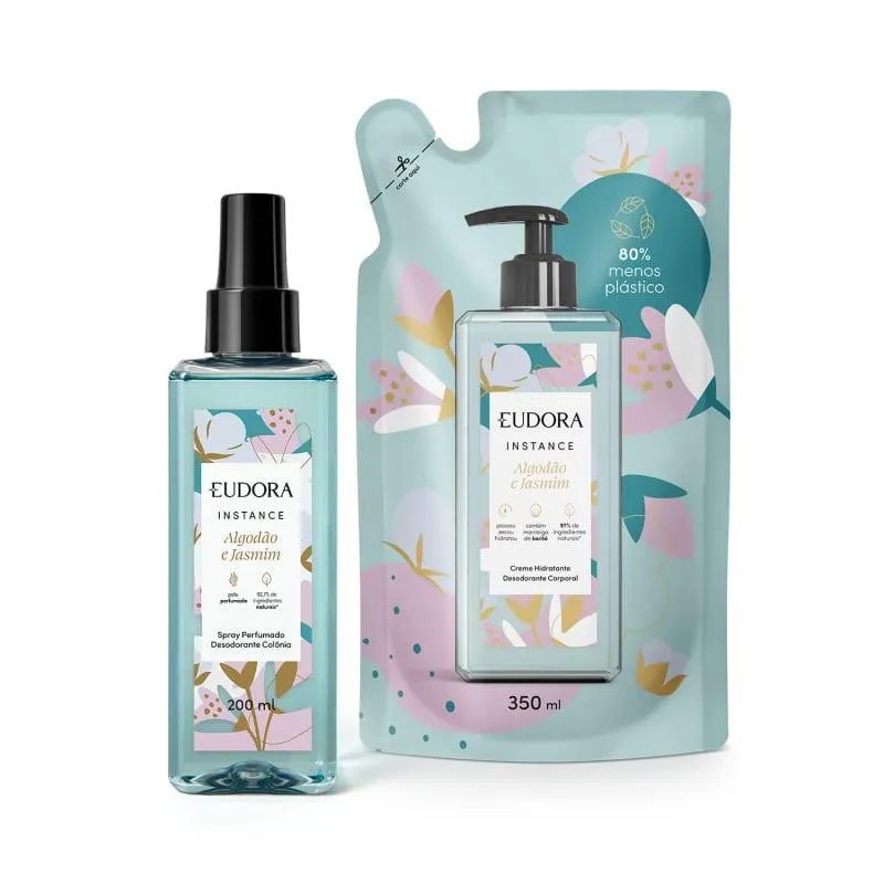 Combo Instance Algodão e Jasmim: Spray Corporal 200ml + Refil Loção Hidratante Desodorante Corporal 350ml
