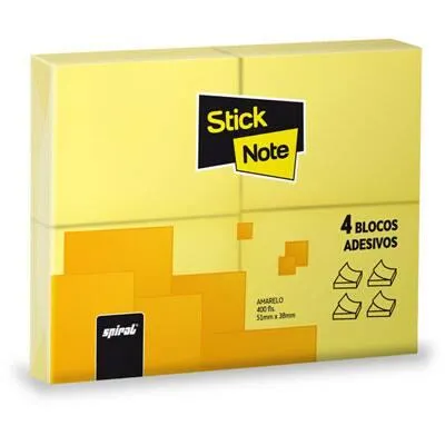 Bloco adesivo 38mm x 51mm amarelo - 4 unidades de 100 folhas cada (total 400 folhas) - Stick Note PT 4 UN
