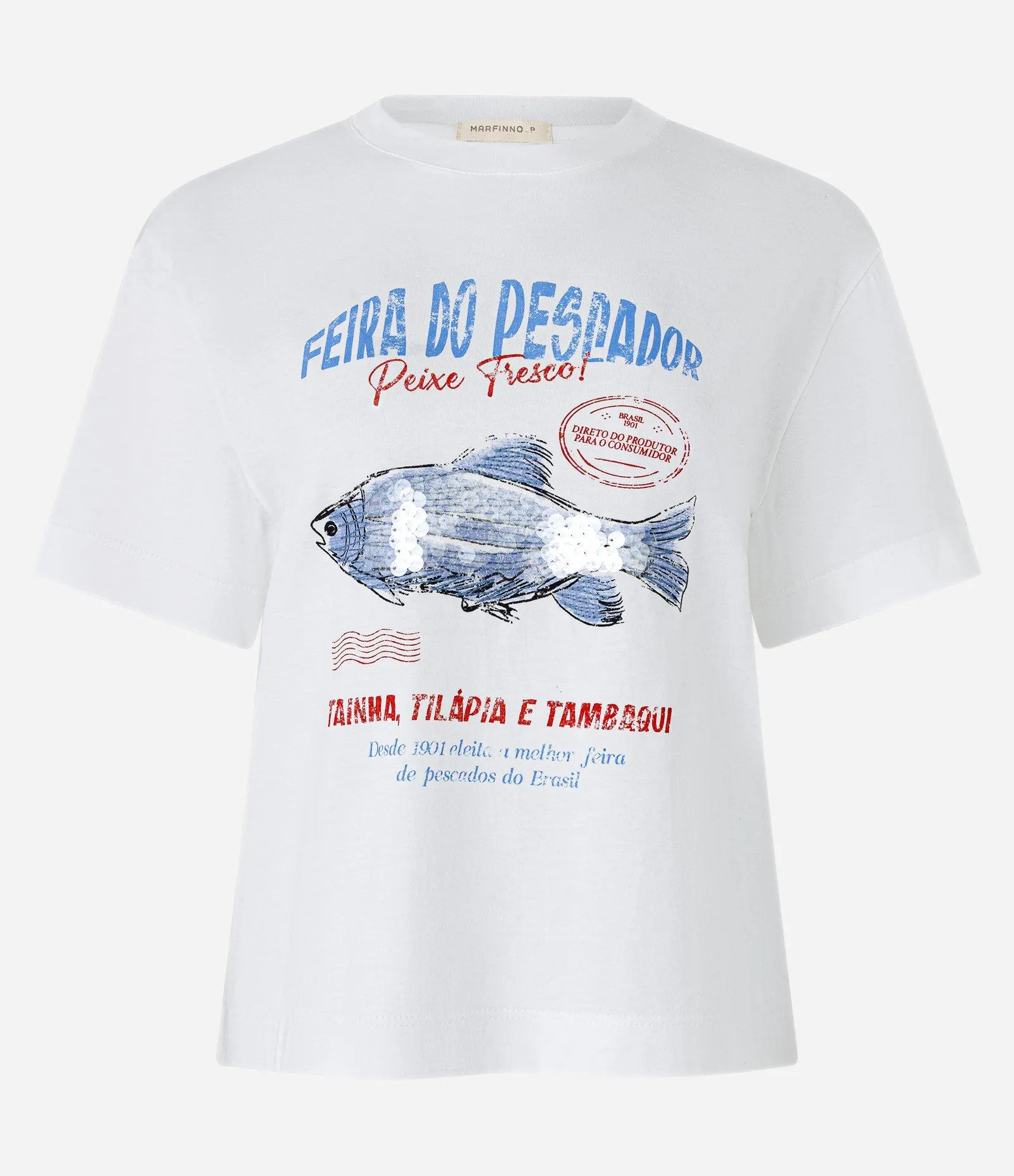 Camiseta em Algodão com Estampa Feira do Pescador Branco Neve