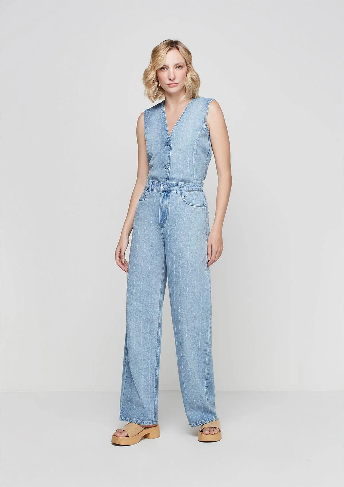 Calça Jeans Wide Leg Slim Cintura Alta Listrada - Azul