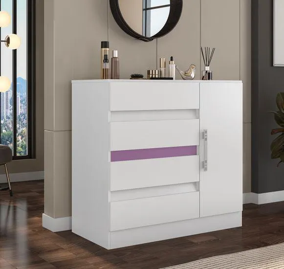 Cômoda Araplac 8000 - 1 Porta, 4 Gavetas - Branco/Lilás