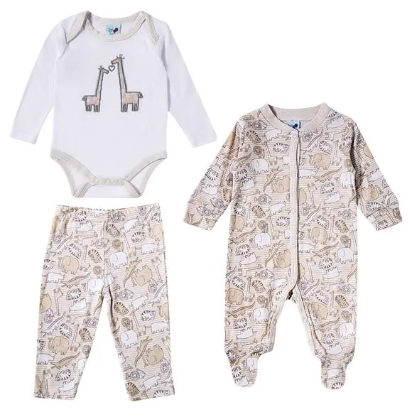 Kit enxoval 3 peças macacão body manga longa e calça suedine bebê tip top