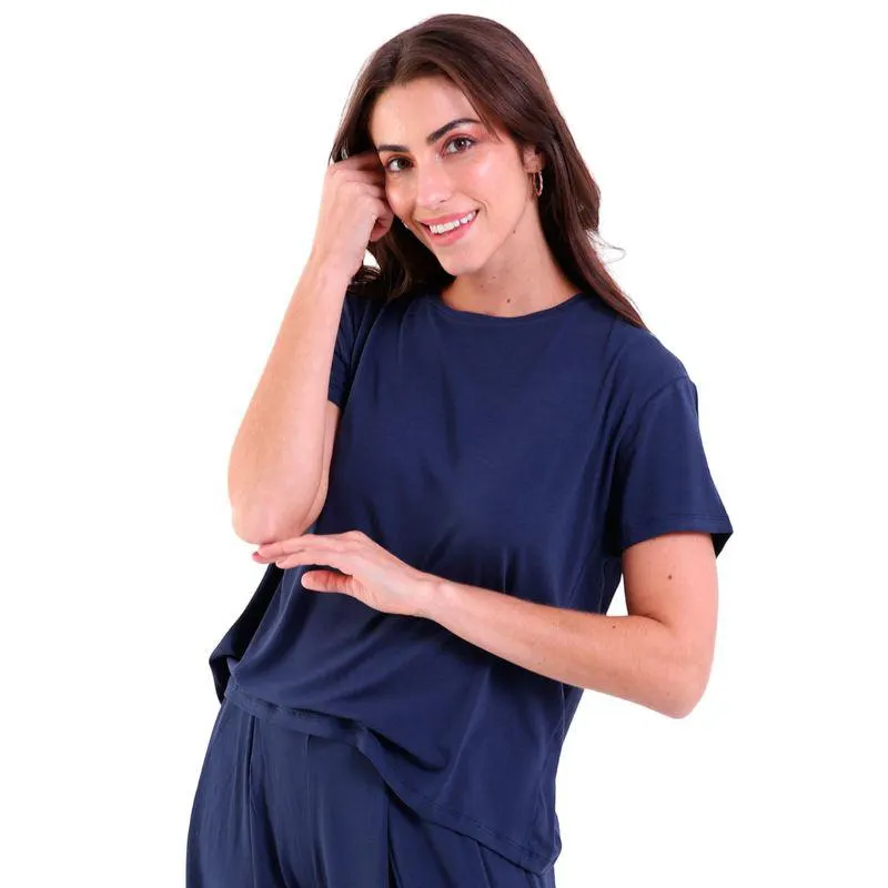 Blusa Feminina Manga Curta Básic Ampla Visco Trendz Azul Marinho