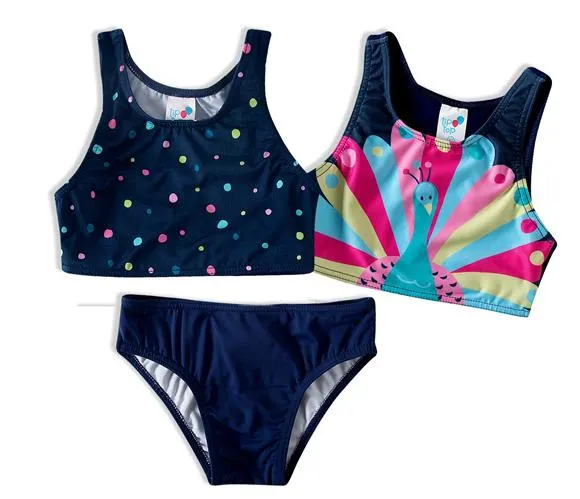 kit 2 top e 1 calcinhas praia pavão toddler proteção uv50+