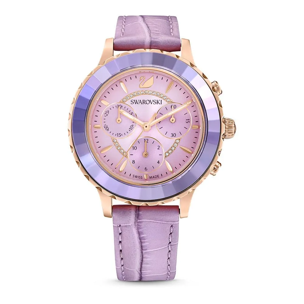Relógio Octea Lux Chrono, Pulseira de couro, Roxo, Acabamento em rosa dourado