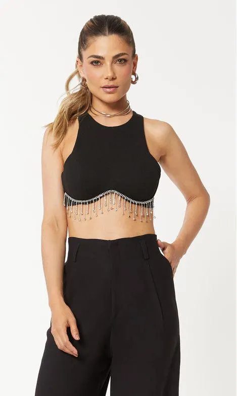 Cropped Malha Estruturada Aro Strass - Preto