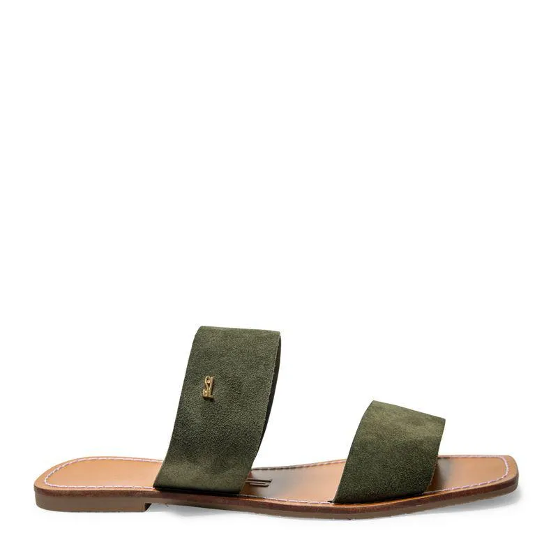 Rasteira Verde Militar Couro Bico Quadrado