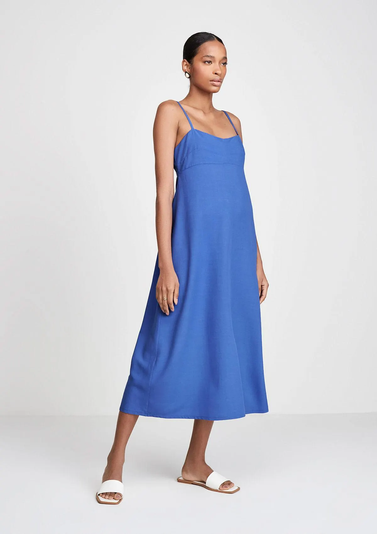 Vestido Midi Decote V Alças Finas Em Linho - Azul