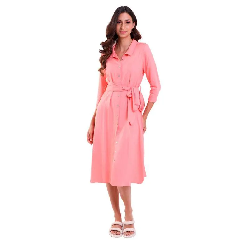 Vestido Longo Linho Chemise Manga 3/8 Rosa Coral
