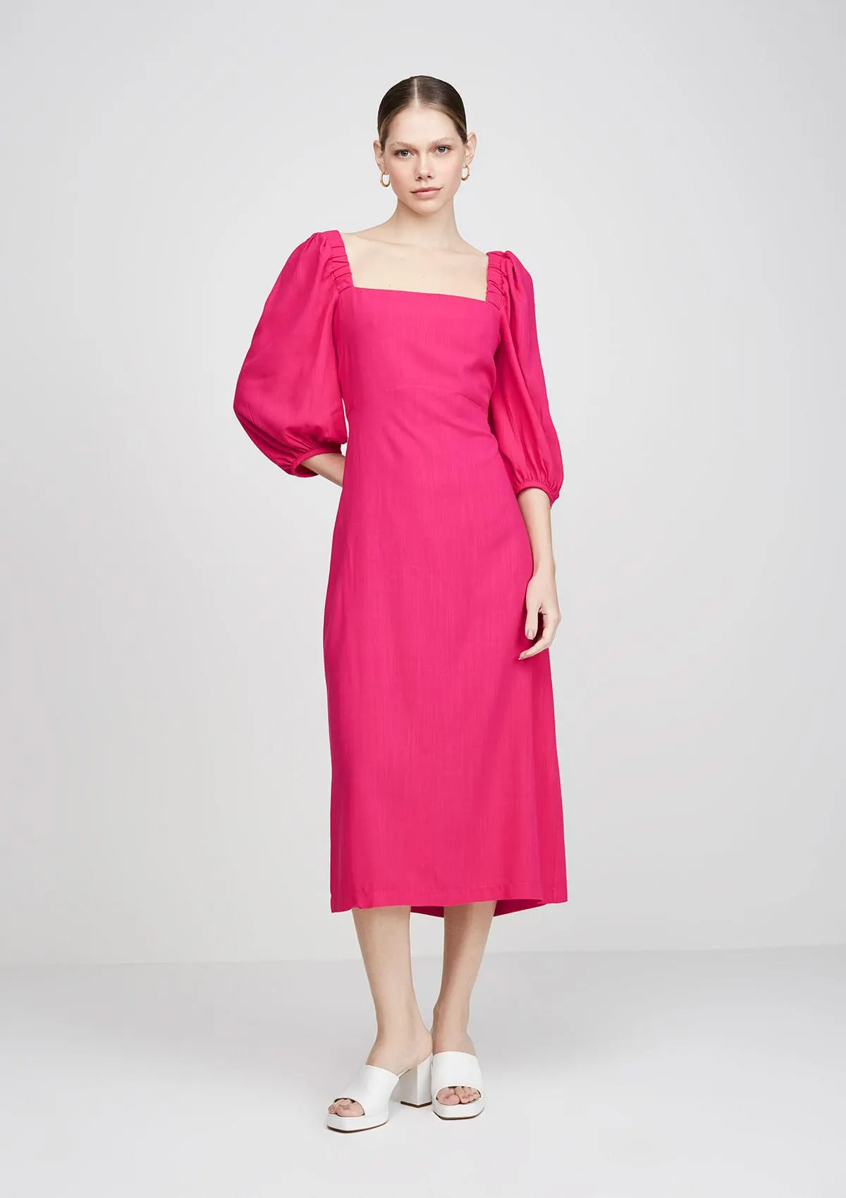 Vestido Midi Em Viscose Evasê - Rosa