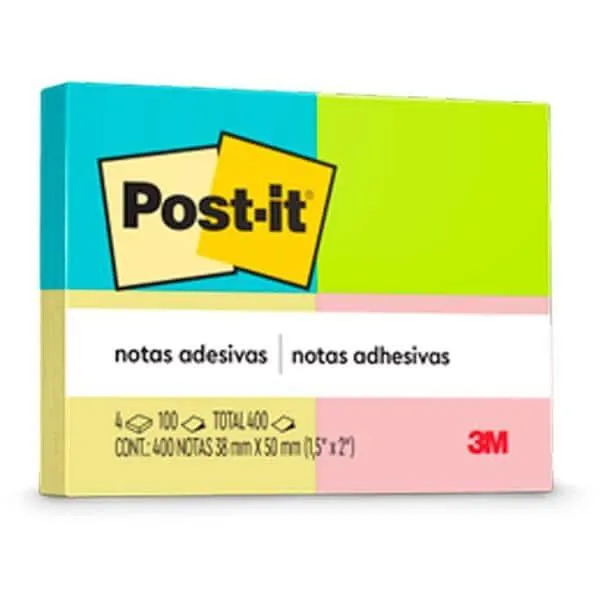Bloco Adesivo Post-It 4 Cores Neon 38mm X 50mm 4 Unidades de 100 Folhas Cada (Total de 400 Folhas) PT 4 UN