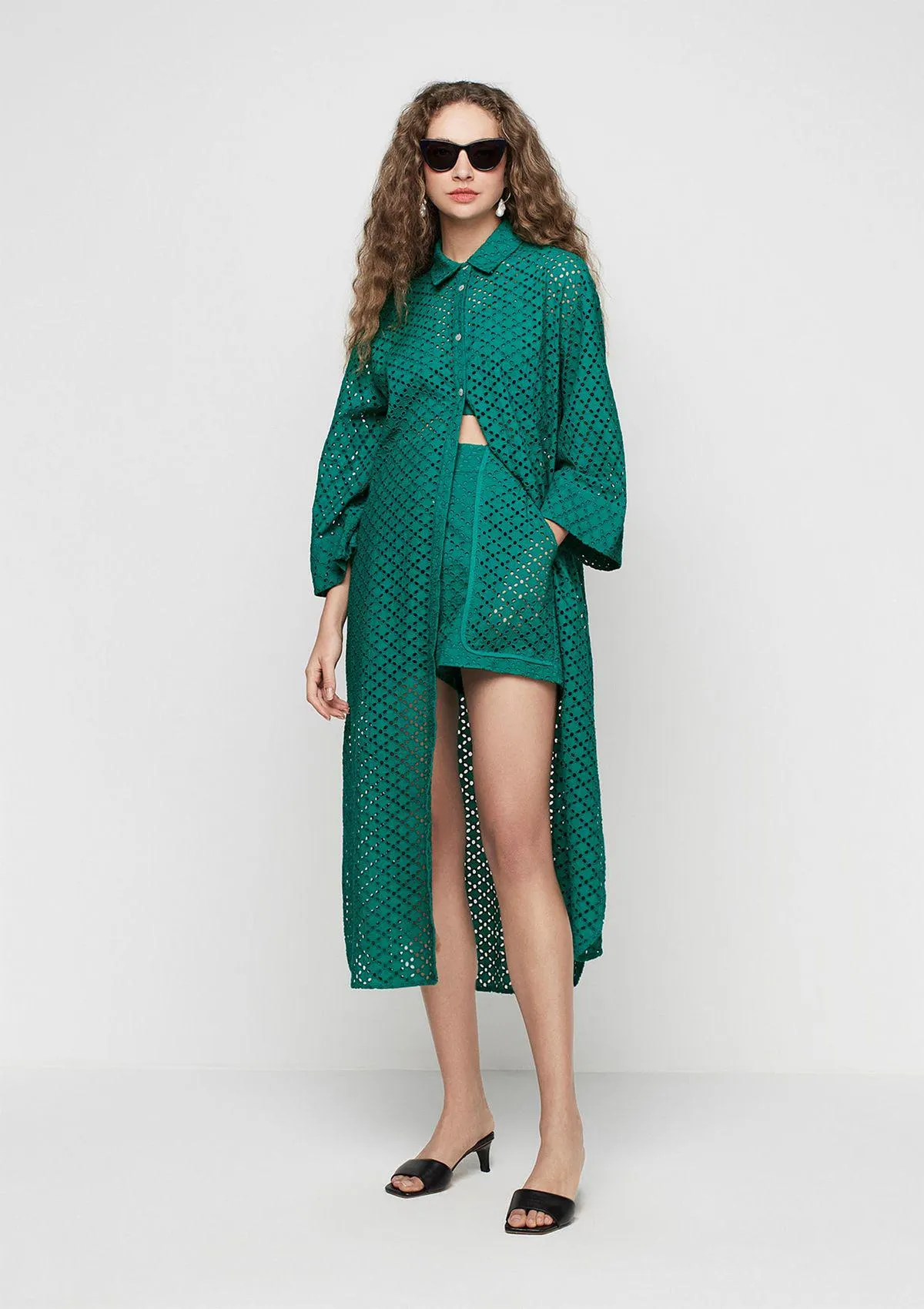 Vestido Chemise Midi Evasê Em Laise - Verde