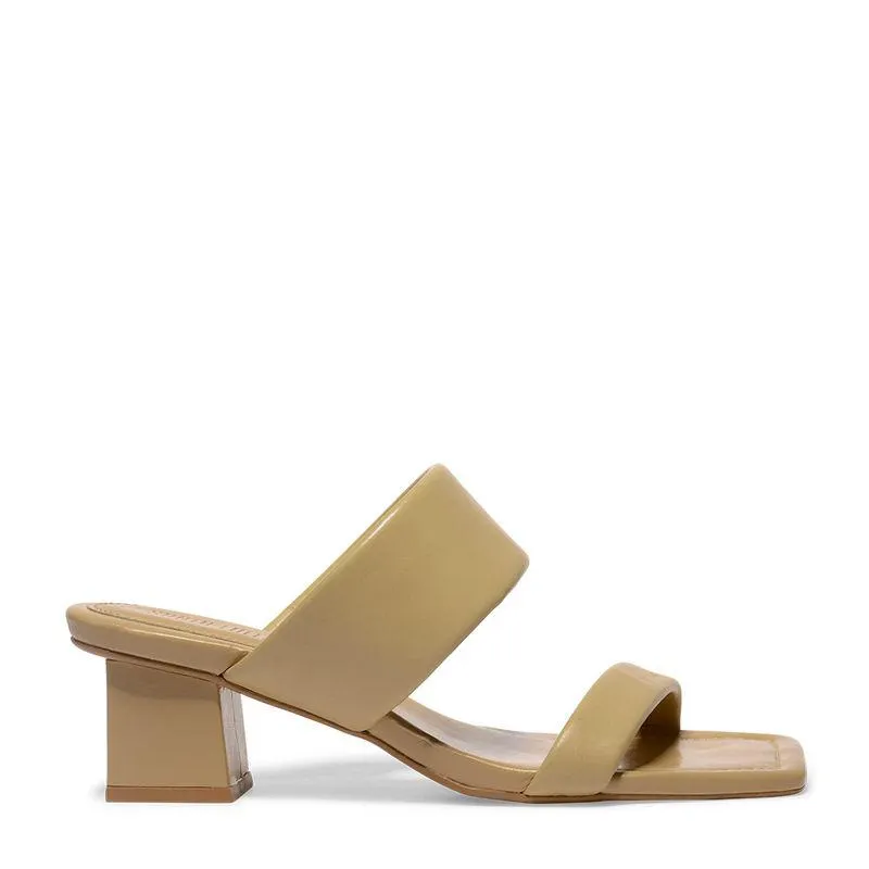 Sandália Mule Marrom Claro Couro Salto Bloco Quadrado