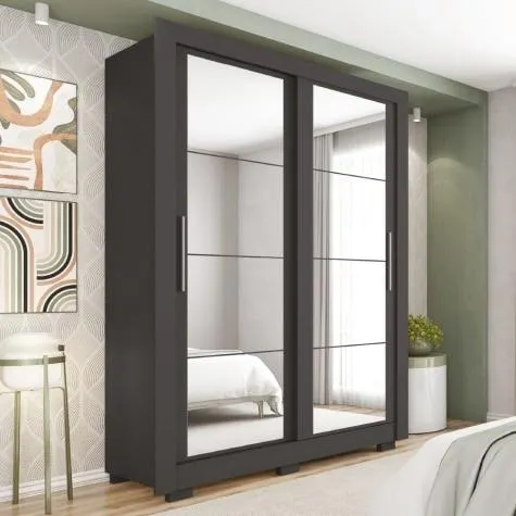 Guarda Roupas Solteiro Com Espelho 2 Portas de Correr 2 Gavetas Luiza Preto Caemmun