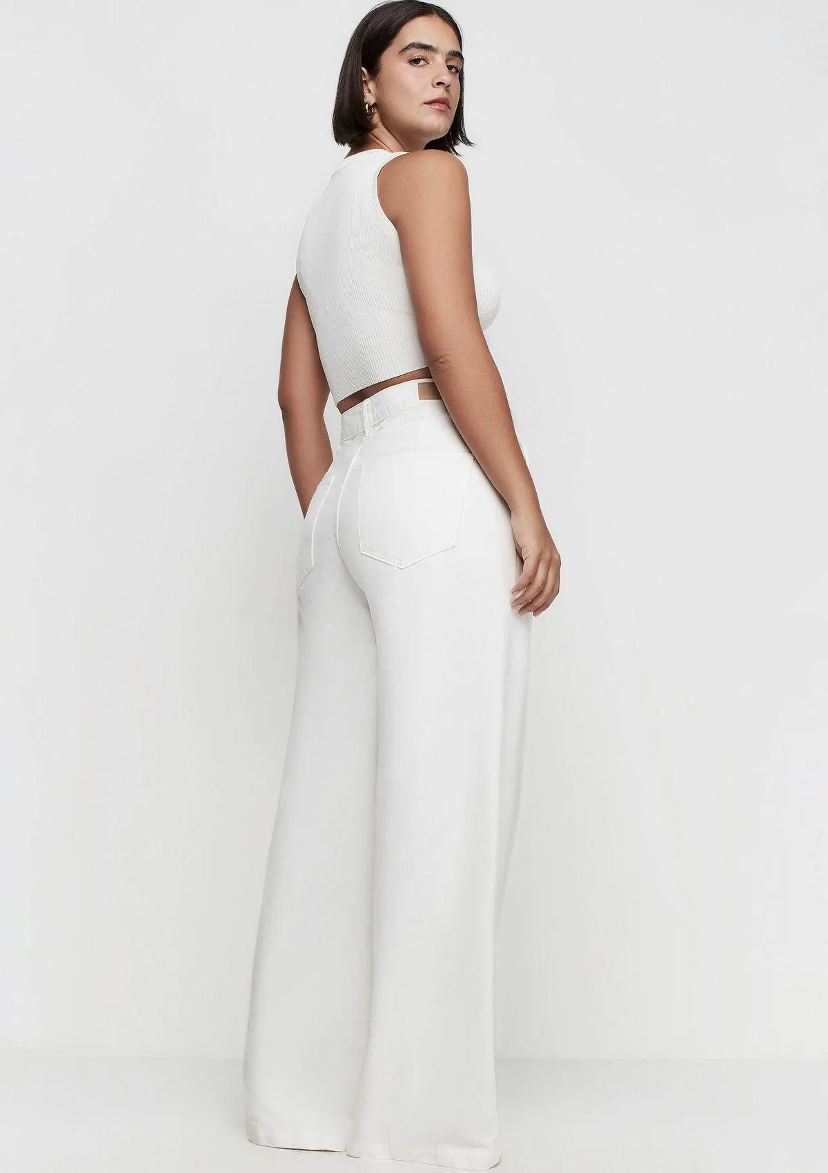 Calça Pantalona Cintura Alta Em Sarja - Off White
