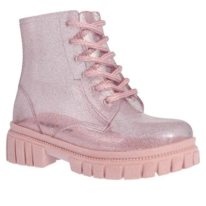 Bota Coturno Infantil Luelua Plataforma Tratorada Vinil Glitter Rosa