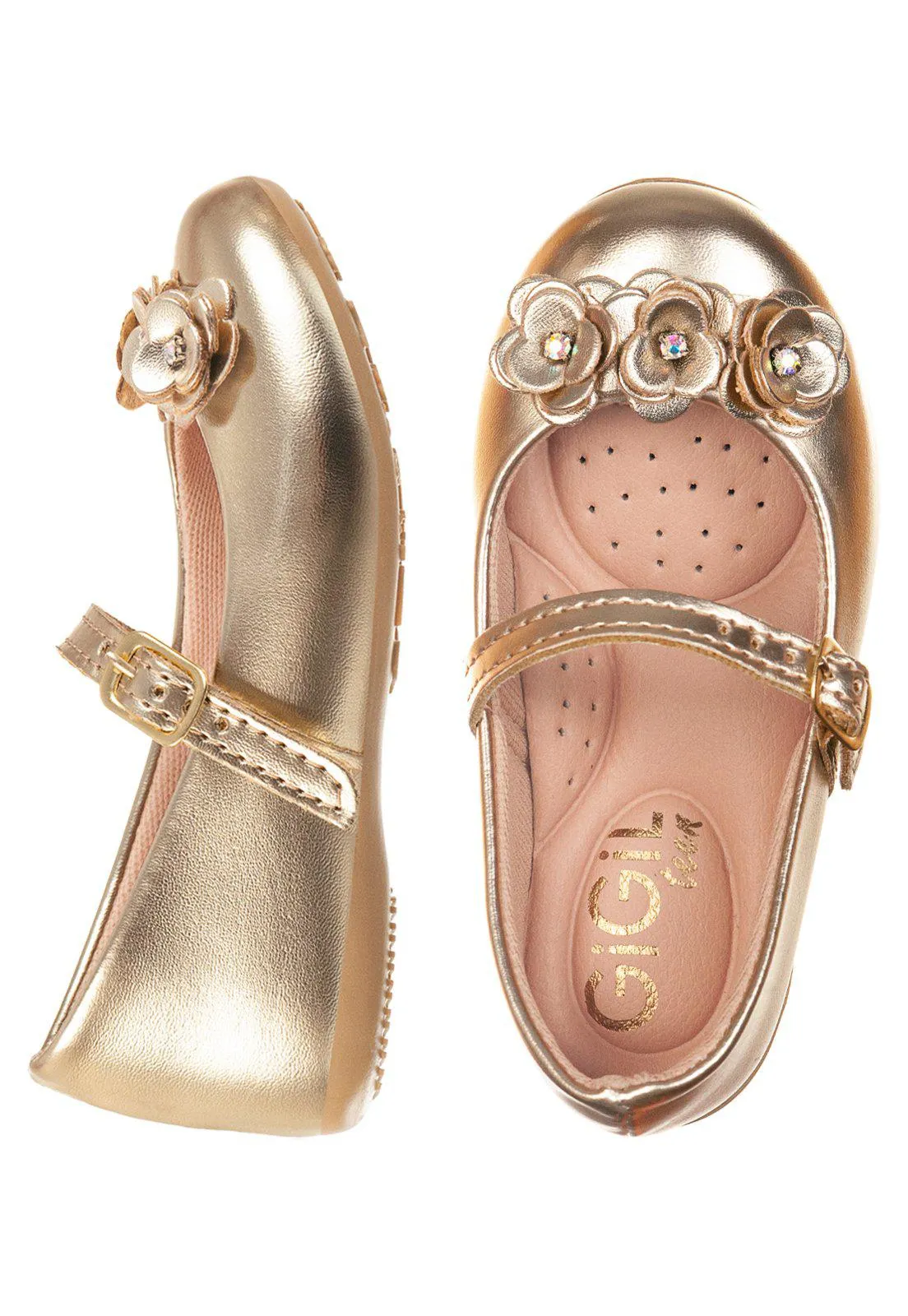 Sapatilha Infantil Bebe GiGiL Teen Laço Ramo Flores Boneca Ouro